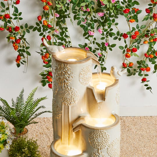 Glitzhome® 31.75" Beige 4-Tier Dandelion Texture Vase-Shaped Ceramic Outdoor Fountain with LED Light